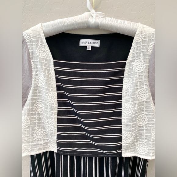 PIPER & SCOOT | Black White Striped Colorblock Midi Dress Modest Boho | Small - Picture 3 of 7